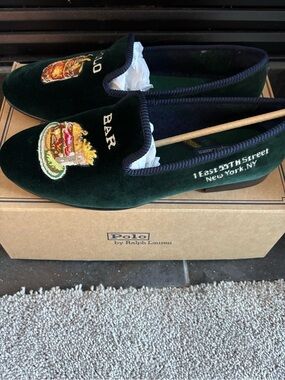 Polo by Ralph Lauren Dark Green Velvet Embroidered Slip-On Loafers Unworn